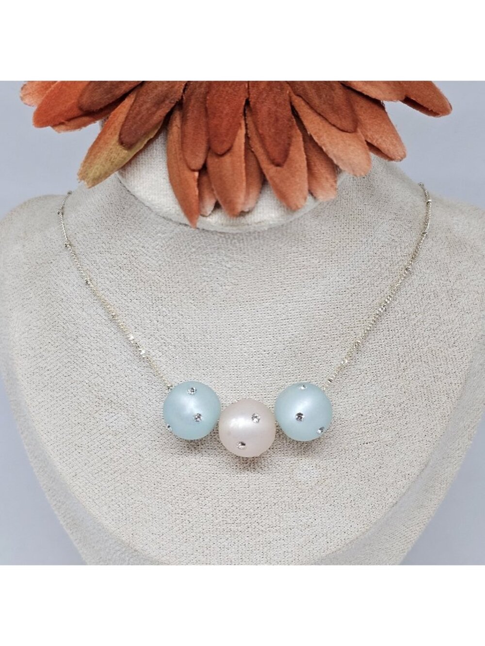 925 Sterling Silver White Blue Lucite Crystal Pave Bead Pendant Chain Necklace